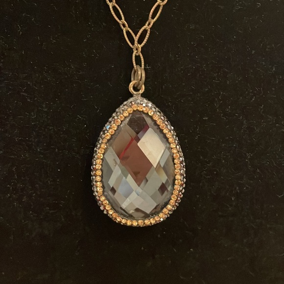 Vintage Gold Tone Black Rhinestone Teardrop Pendant Statement Necklace - Picture 2 of 3